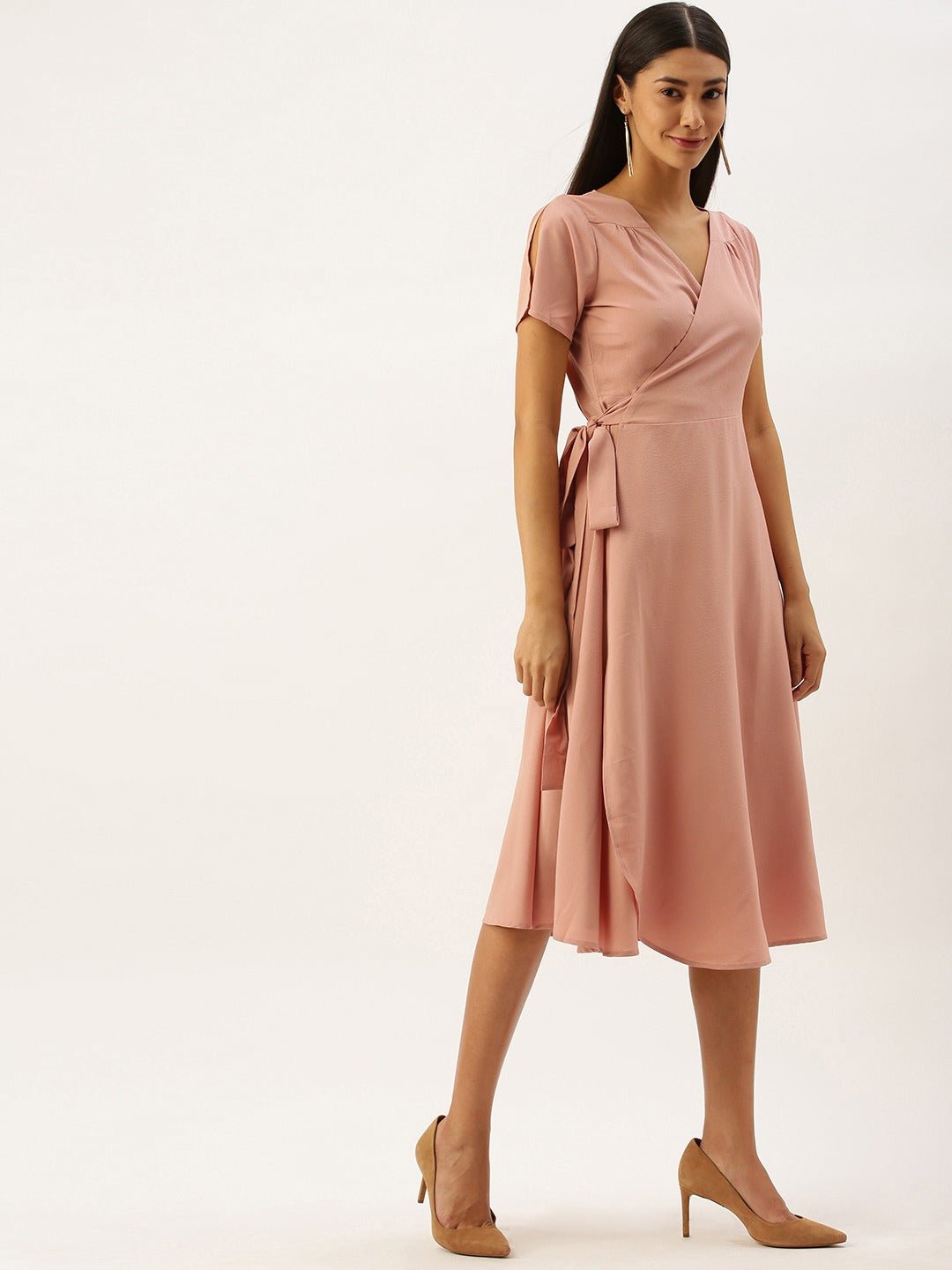 Folk Republic Women Solid Pink V-Neck Wrap Midi Dress - #folk republic#