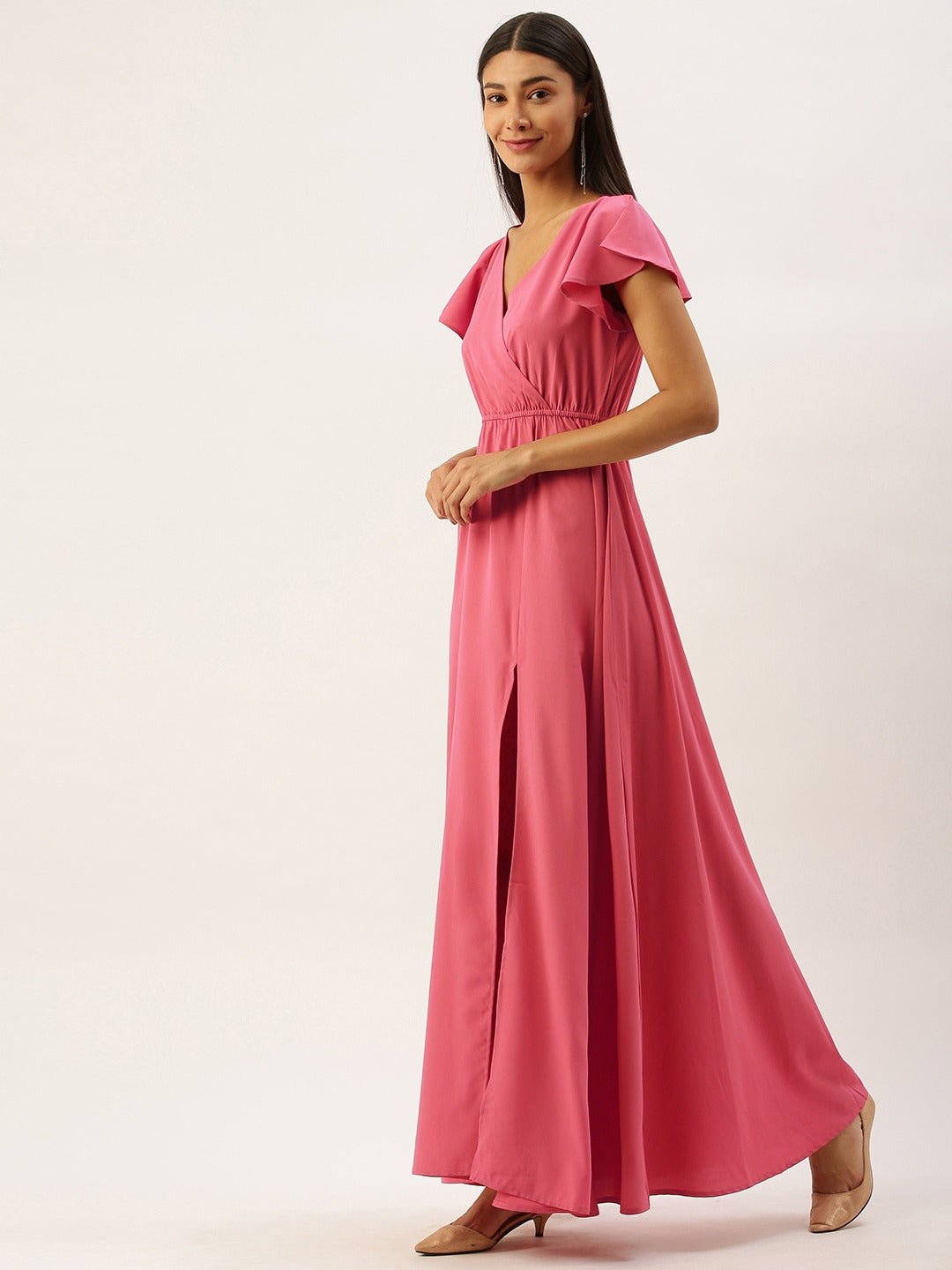 Folk Republic Women Solid Pink V-Neckline Maxi Dress - #folk republic#
