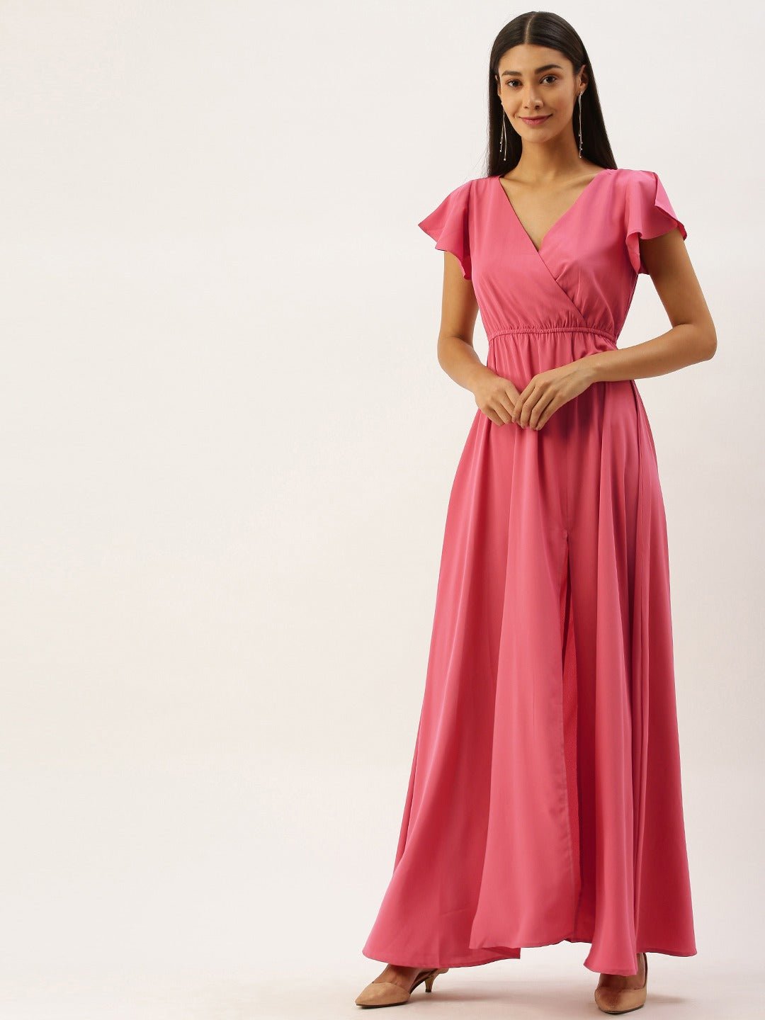 Folk Republic Women Solid Pink V-Neckline Maxi Dress - #folk republic#