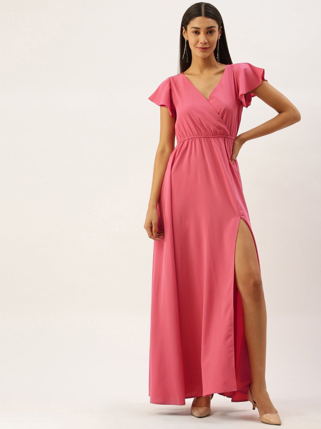 Folk Republic Women Solid Pink V-Neckline Maxi Dress - #folk republic#