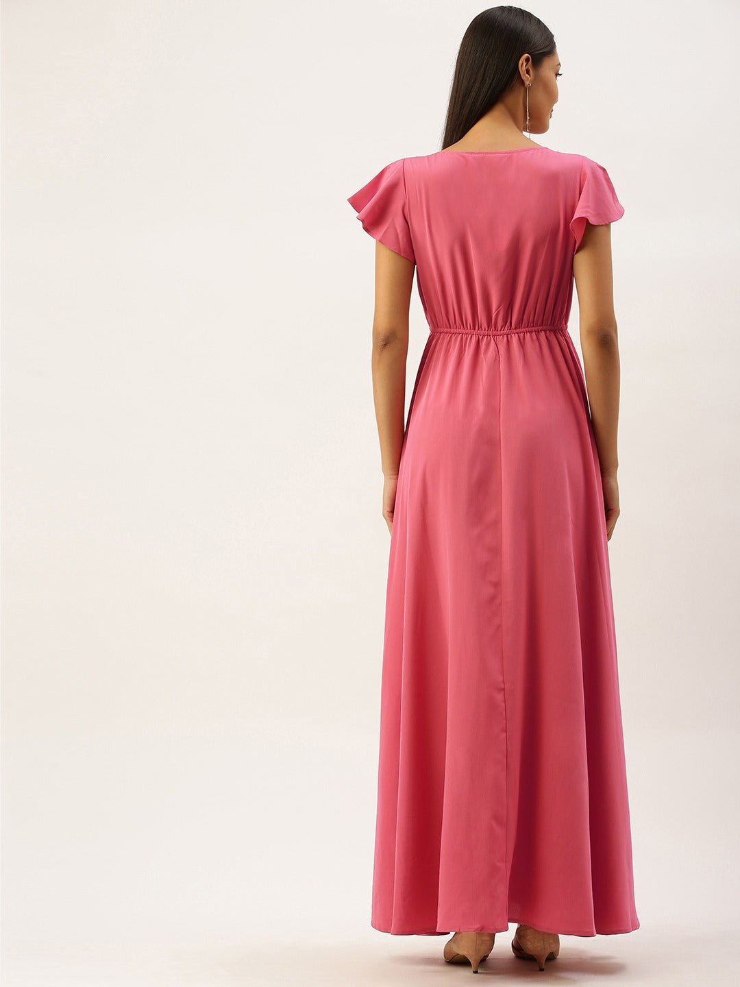 Folk Republic Women Solid Pink V-Neckline Maxi Dress - #folk republic#