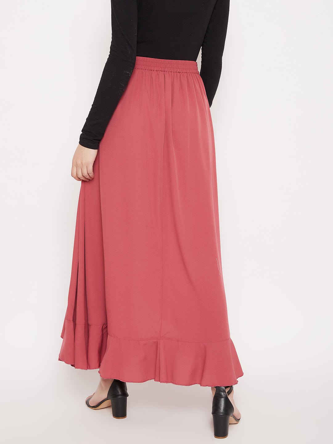 Folk Republic Women Solid Pink Waist Tie-Up Ruffled Maxi Skirt With Attached Trousers - #folk republic#