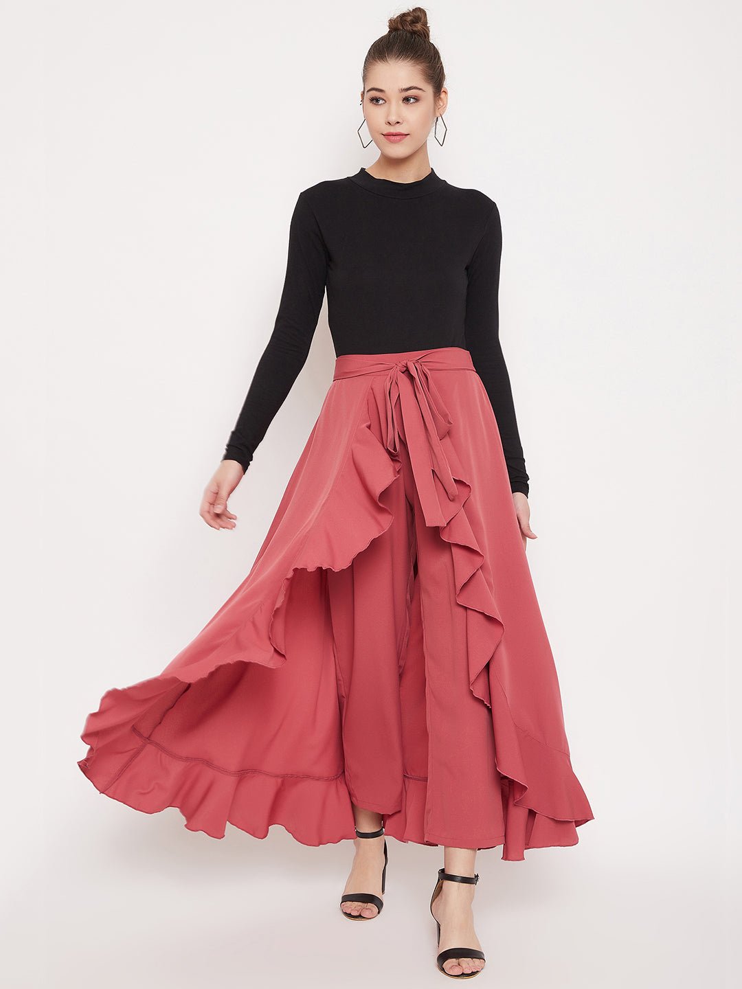 Folk Republic Women Solid Pink Waist Tie-Up Ruffled Maxi Skirt With Attached Trousers - #folk republic#