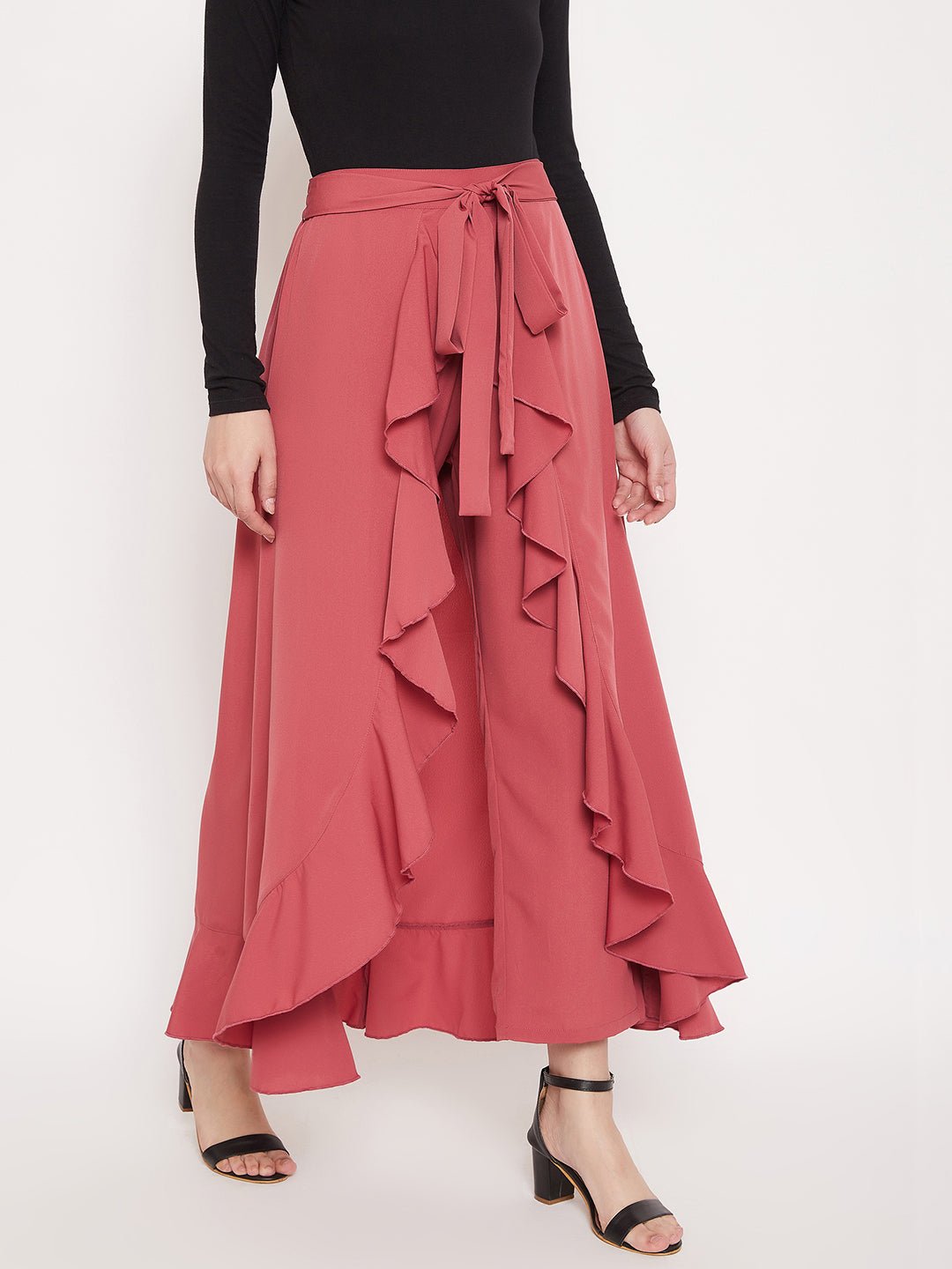 Folk Republic Women Solid Pink Waist Tie-Up Ruffled Maxi Skirt With Attached Trousers - #folk republic#