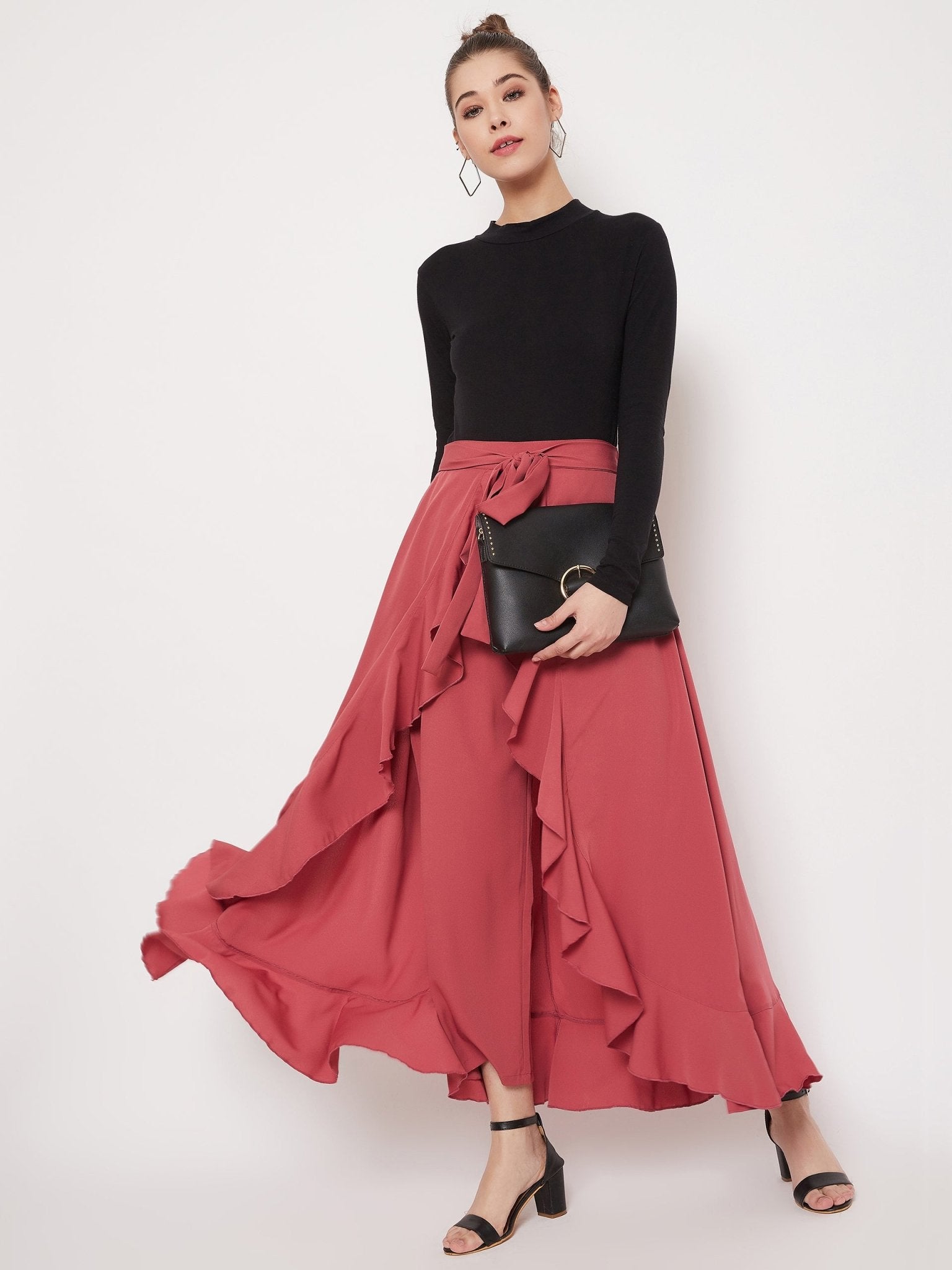Folk Republic Women Solid Pink Waist Tie-Up Ruffled Maxi Skirt With Attached Trousers - #folk republic#