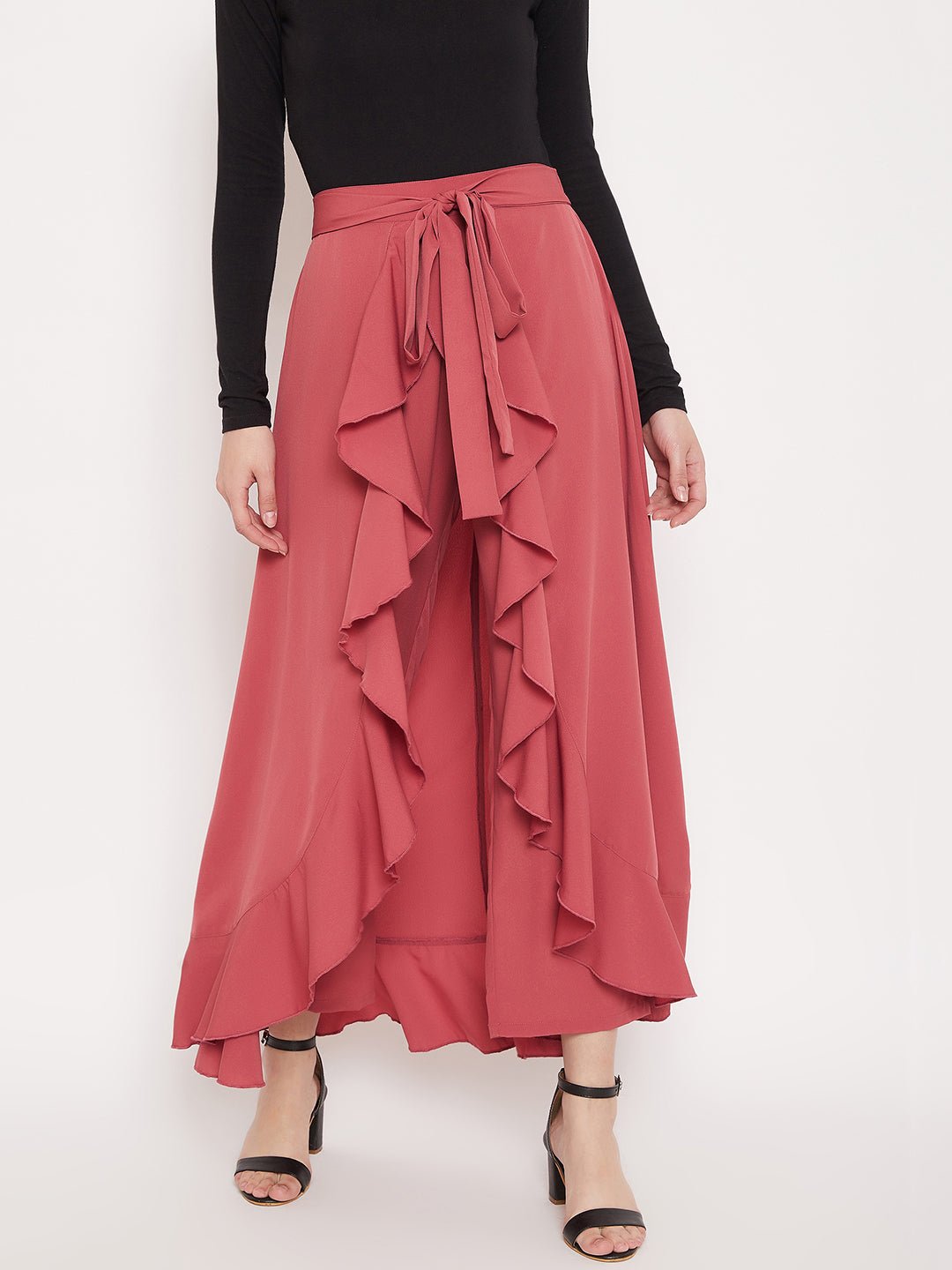 Folk Republic Women Solid Pink Waist Tie-Up Ruffled Maxi Skirt With Attached Trousers - #folk republic#