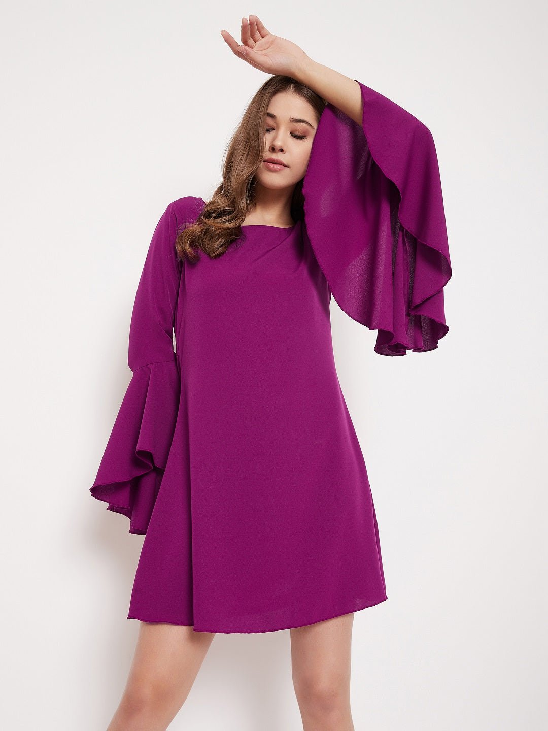 Folk Republic Women Solid Purple Bell Sleeves A-Line Mini Dress - #folk republic#