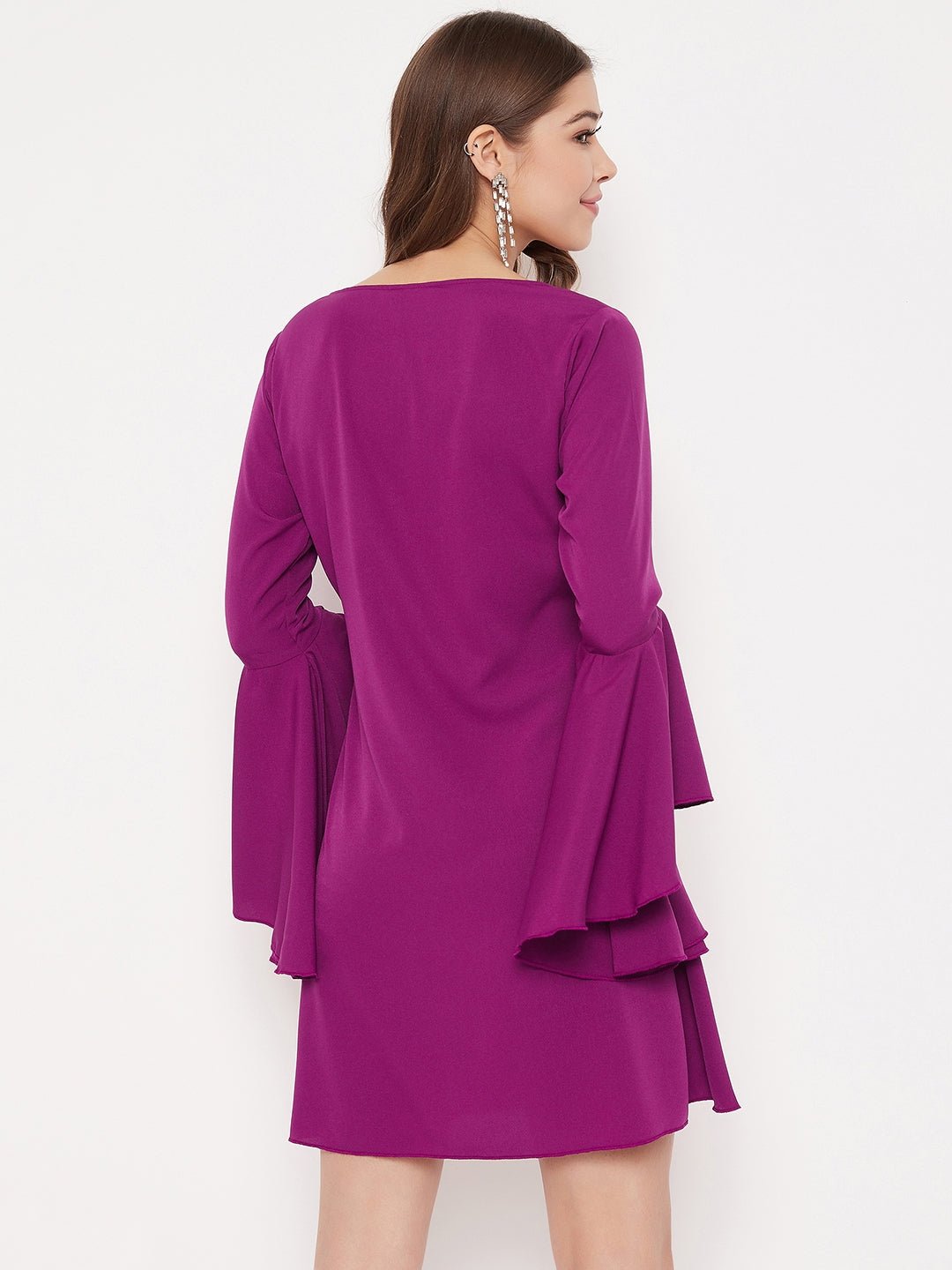 Folk Republic Women Solid Purple Bell Sleeves A-Line Mini Dress - #folk republic#