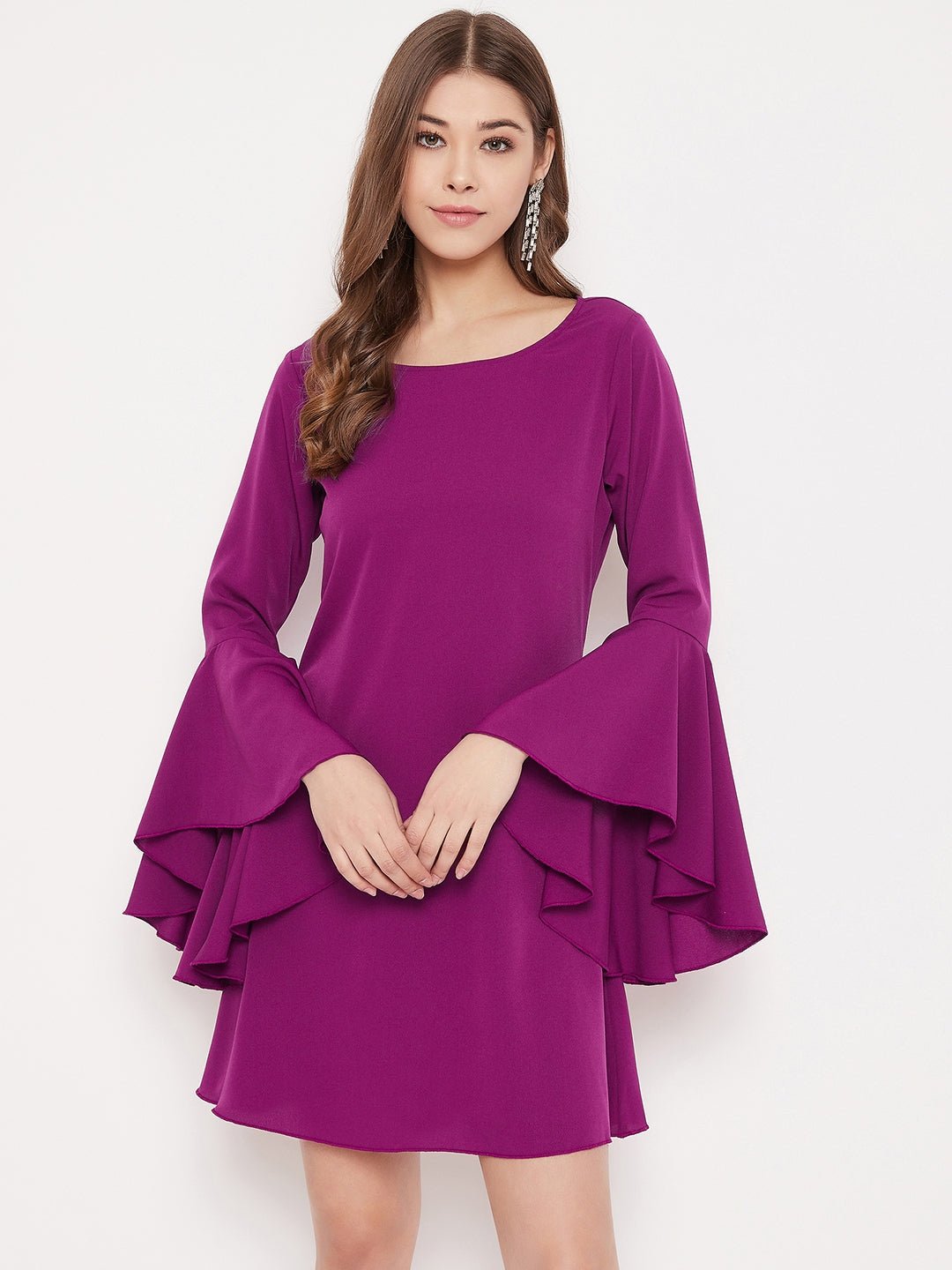 Folk Republic Women Solid Purple Bell Sleeves A-Line Mini Dress - #folk republic#