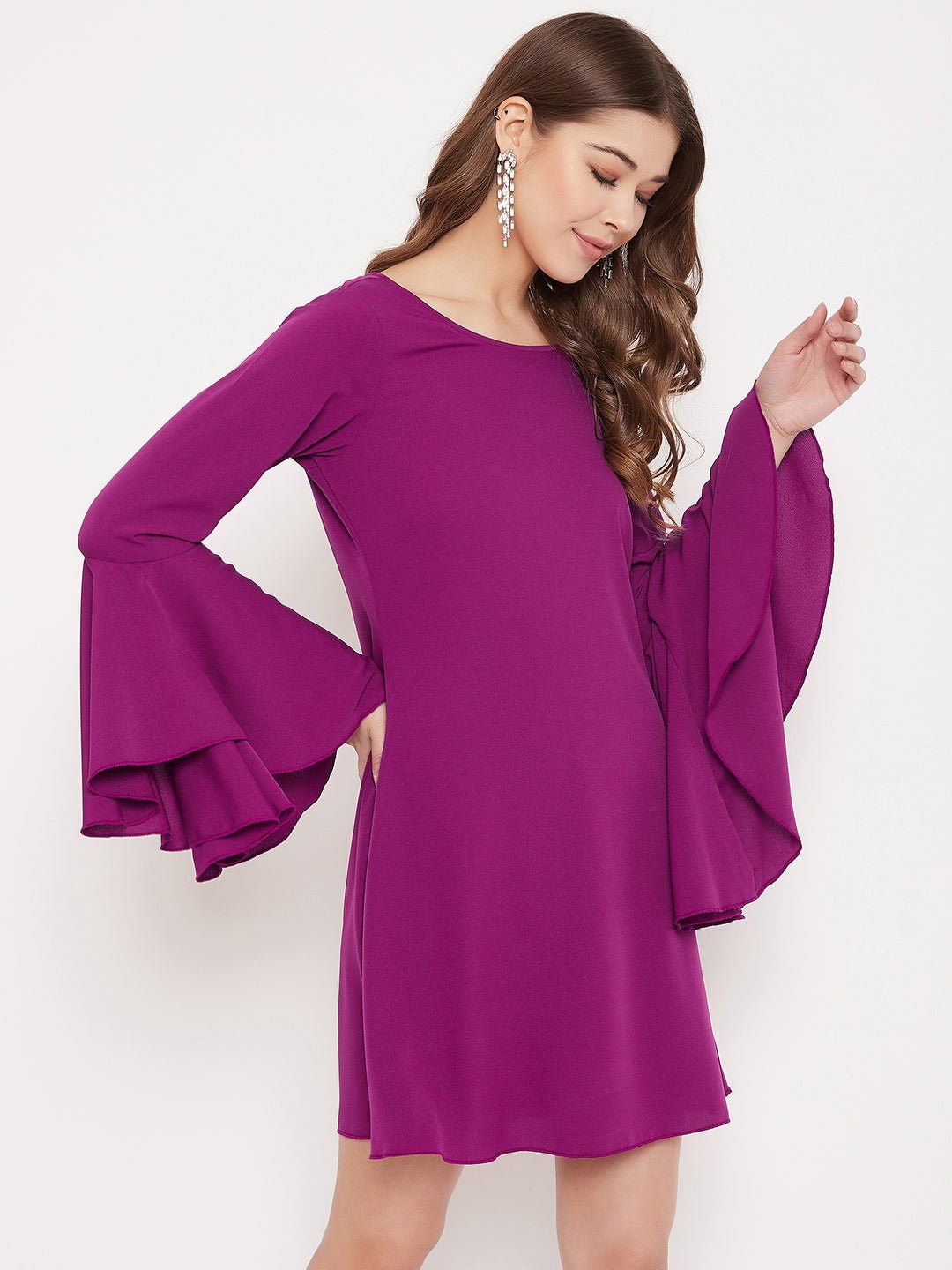 Folk Republic Women Solid Purple Bell Sleeves A-Line Mini Dress - #folk republic#