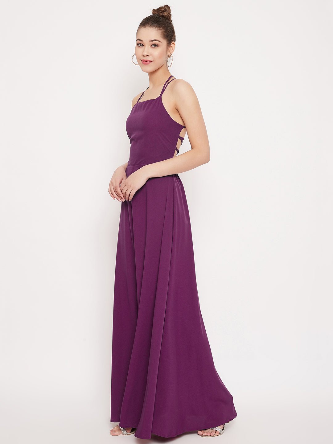 Folk Republic Women Solid Purple Caged Back Halter Neck Maxi Dress - #folk republic#