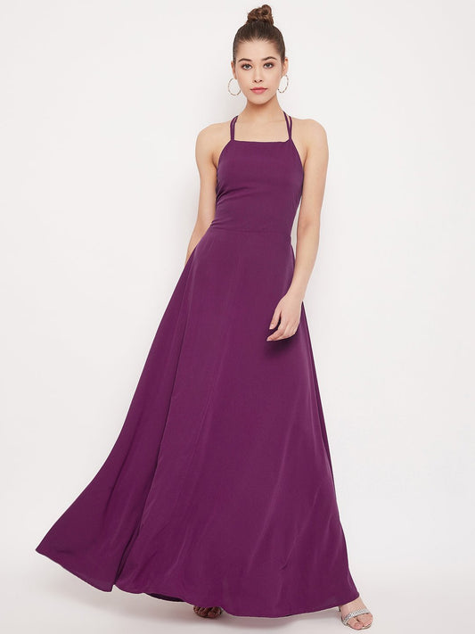 Folk Republic Women Solid Purple Caged Back Halter Neck Maxi Dress - #folk republic#