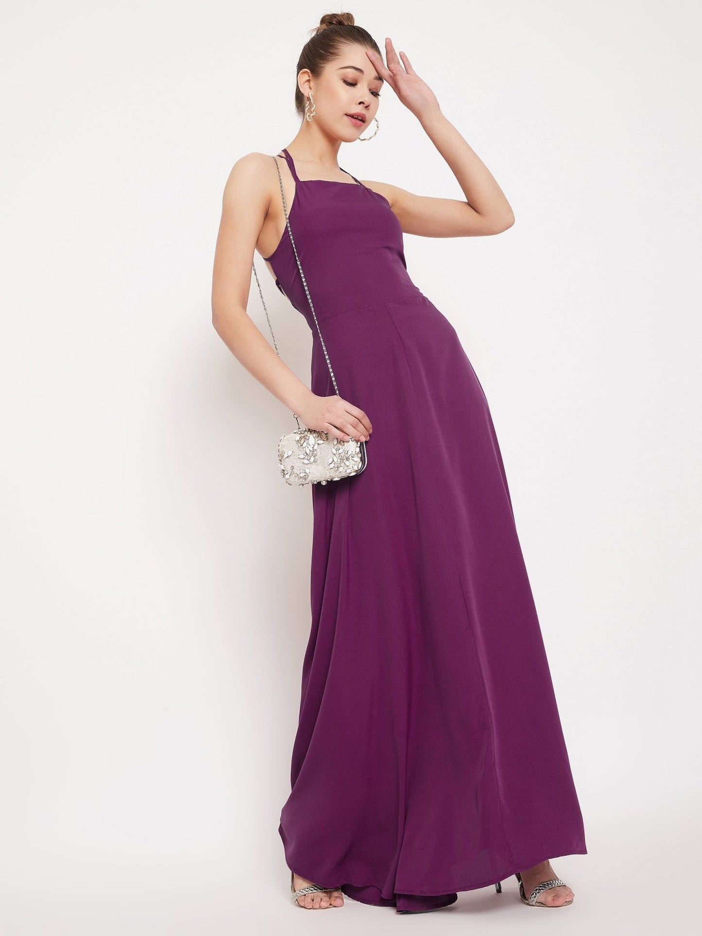 Folk Republic Women Solid Purple Caged Back Halter Neck Maxi Dress - #folk republic#