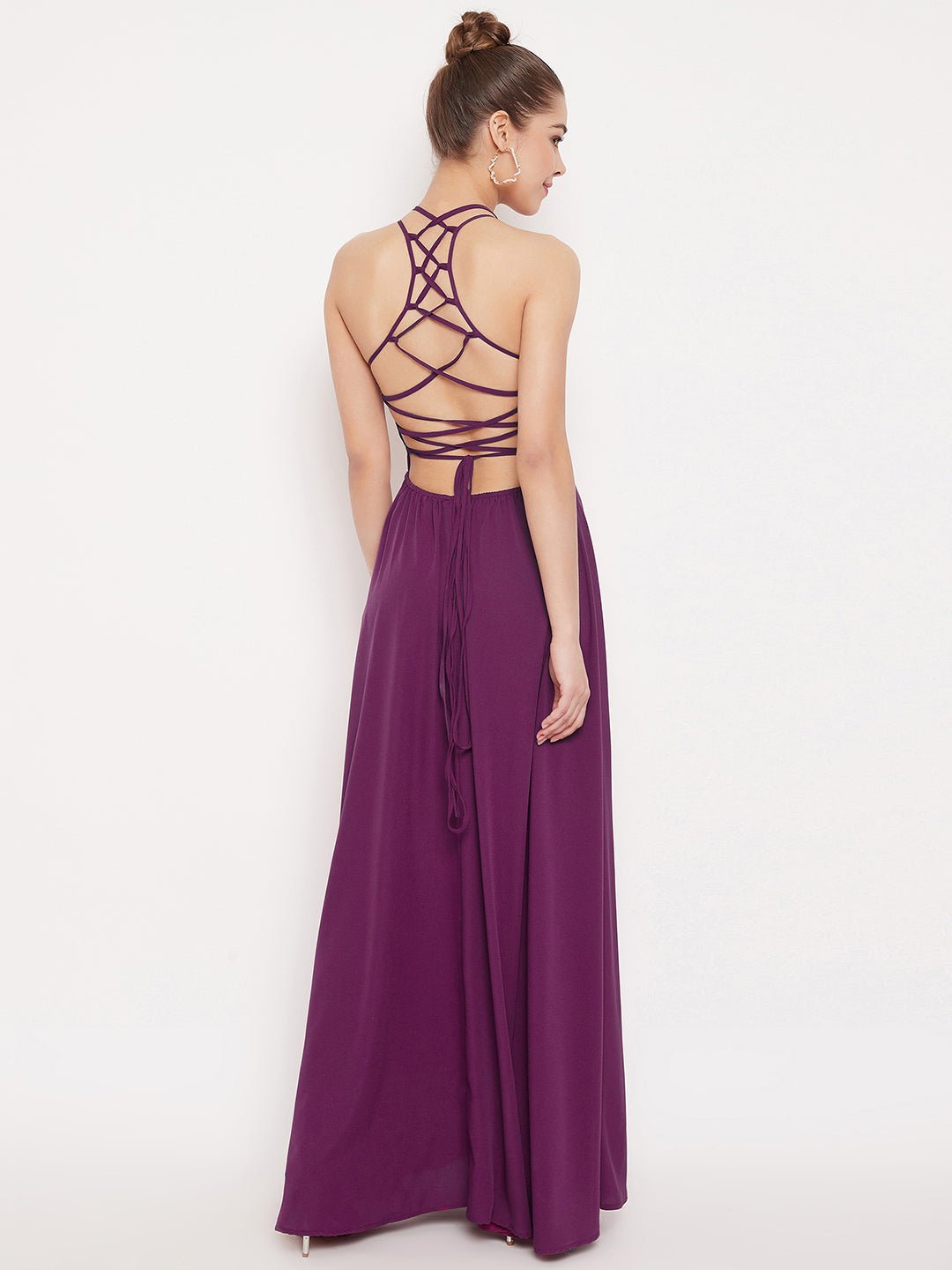 Folk Republic Women Solid Purple Caged Back Halter Neck Maxi Dress - #folk republic#