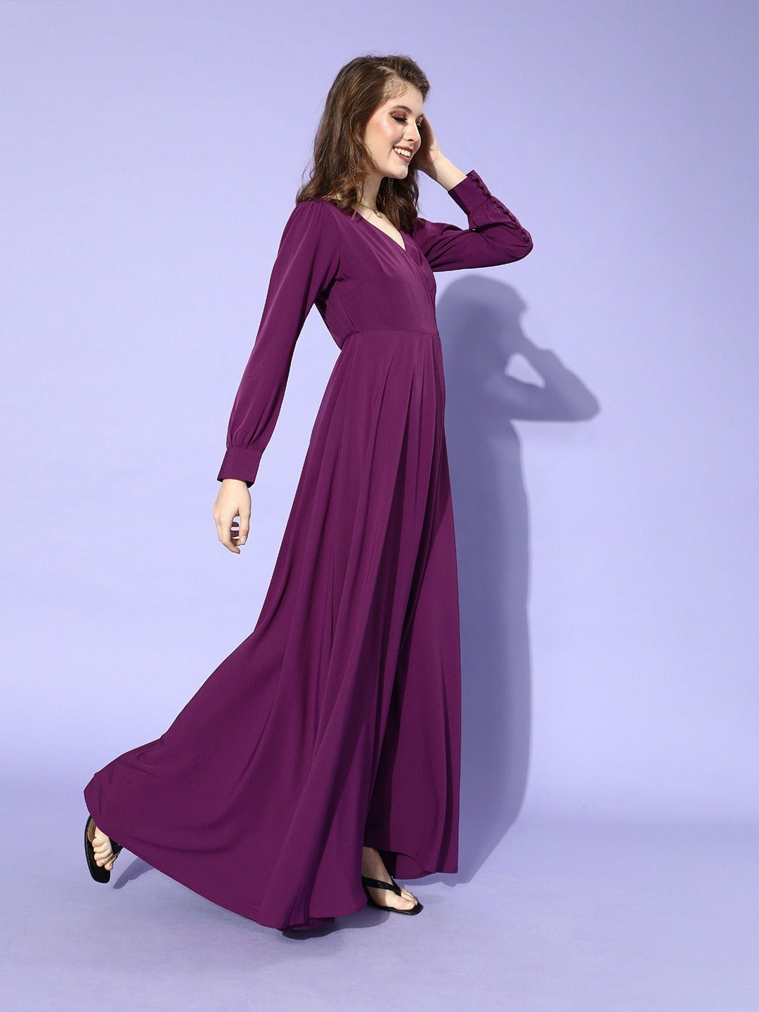 Folk Republic Women Solid Purple Cuffed Sleeves Slit Wrap Maxi Dress - #folk republic#