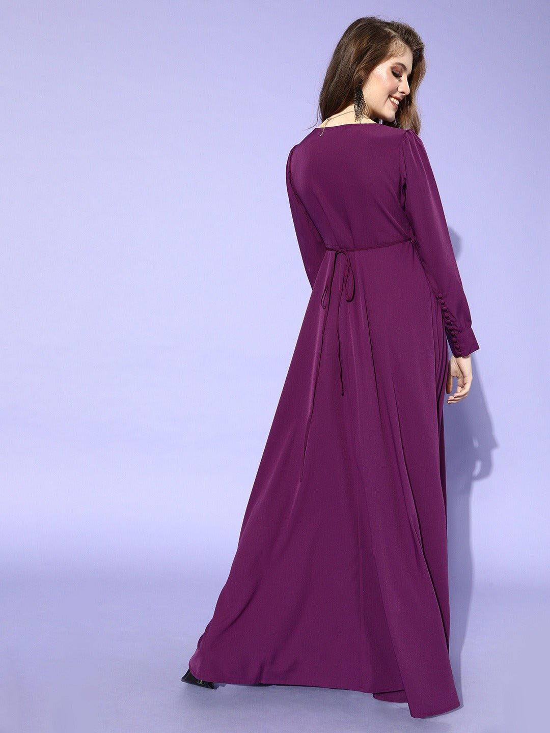 Folk Republic Women Solid Purple Cuffed Sleeves Slit Wrap Maxi Dress - #folk republic#