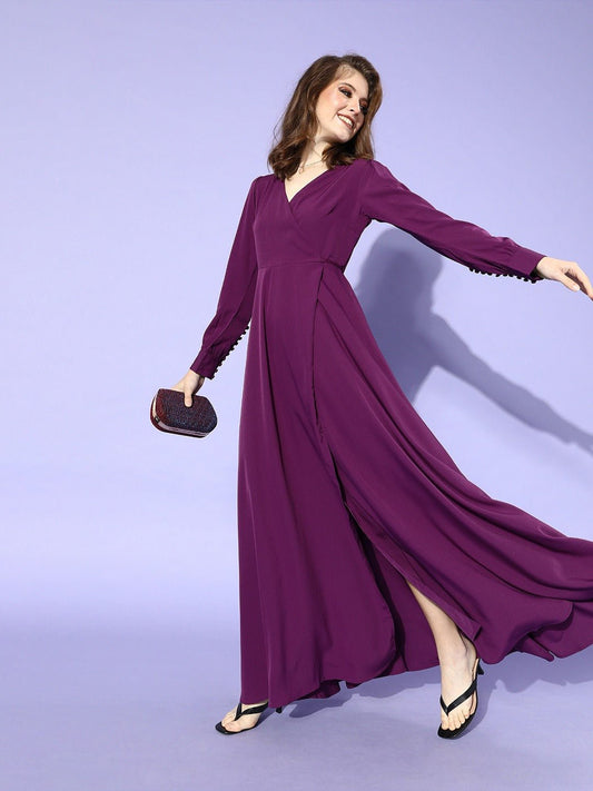 Folk Republic Women Solid Purple Cuffed Sleeves Slit Wrap Maxi Dress - #folk republic#