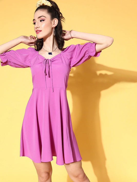 Folk Republic Women Solid Purple Puff Sleeve Crepe Fit & Flare Mini Dress - #folk republic#