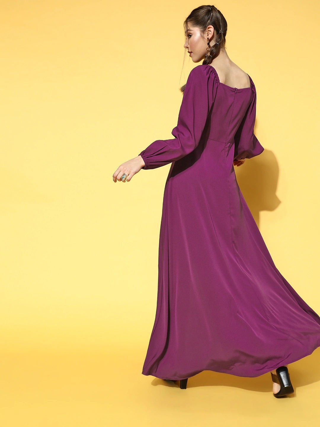 Folk Republic Women Solid Purple Square Neck Puff Sleeves Crepe Flared Maxi Dress - #folk republic#