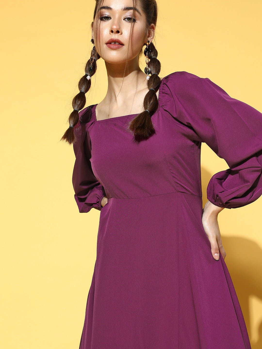Folk Republic Women Solid Purple Square Neck Puff Sleeves Crepe Flared Maxi Dress - #folk republic#