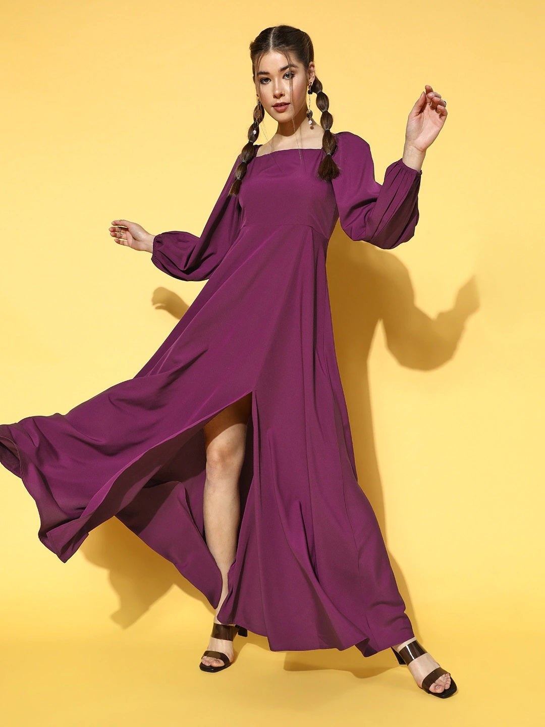 Folk Republic Women Solid Purple Square Neck Puff Sleeves Crepe Flared Maxi Dress - #folk republic#