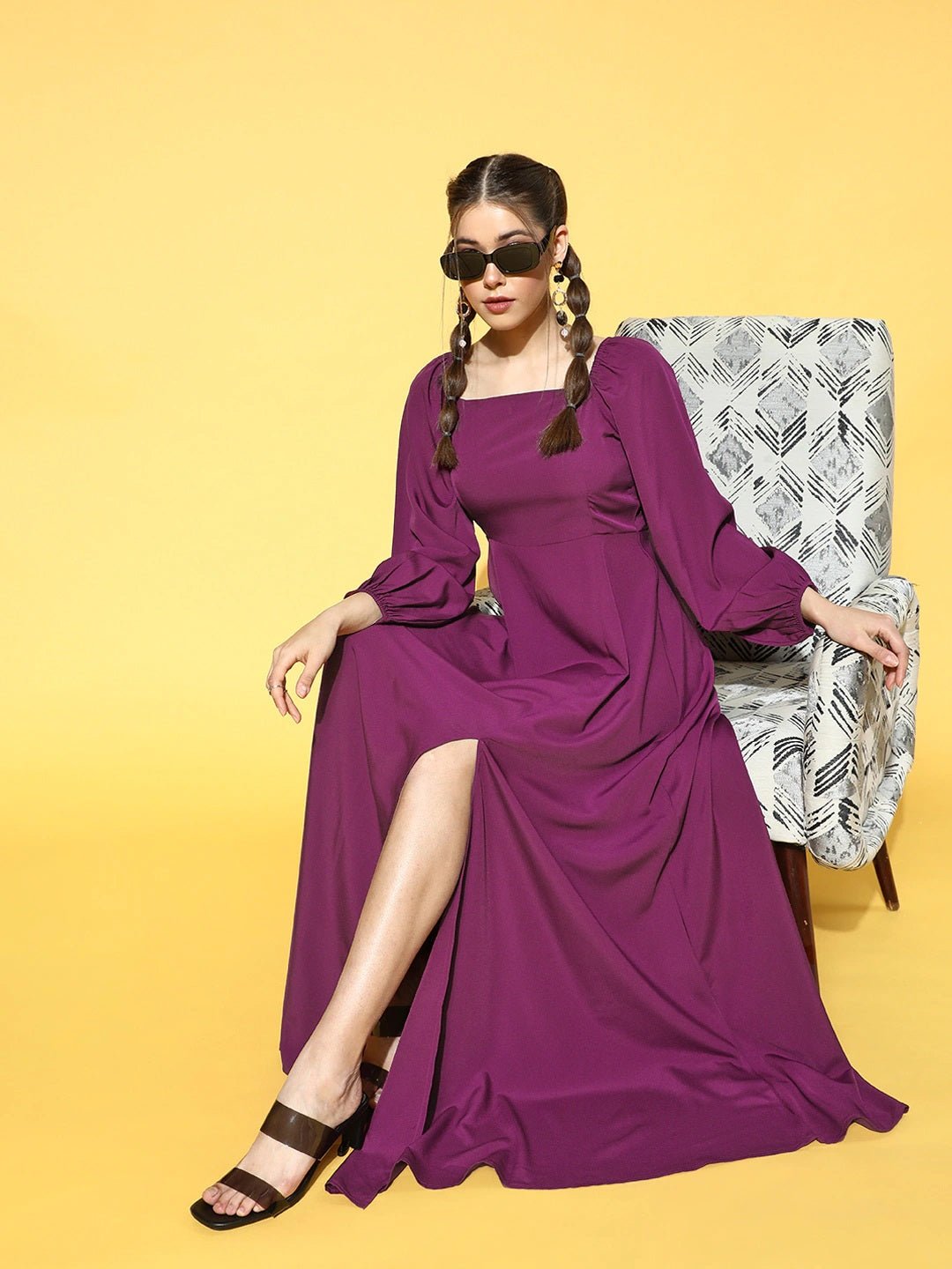 Folk Republic Women Solid Purple Square Neck Puff Sleeves Crepe Flared Maxi Dress - #folk republic#
