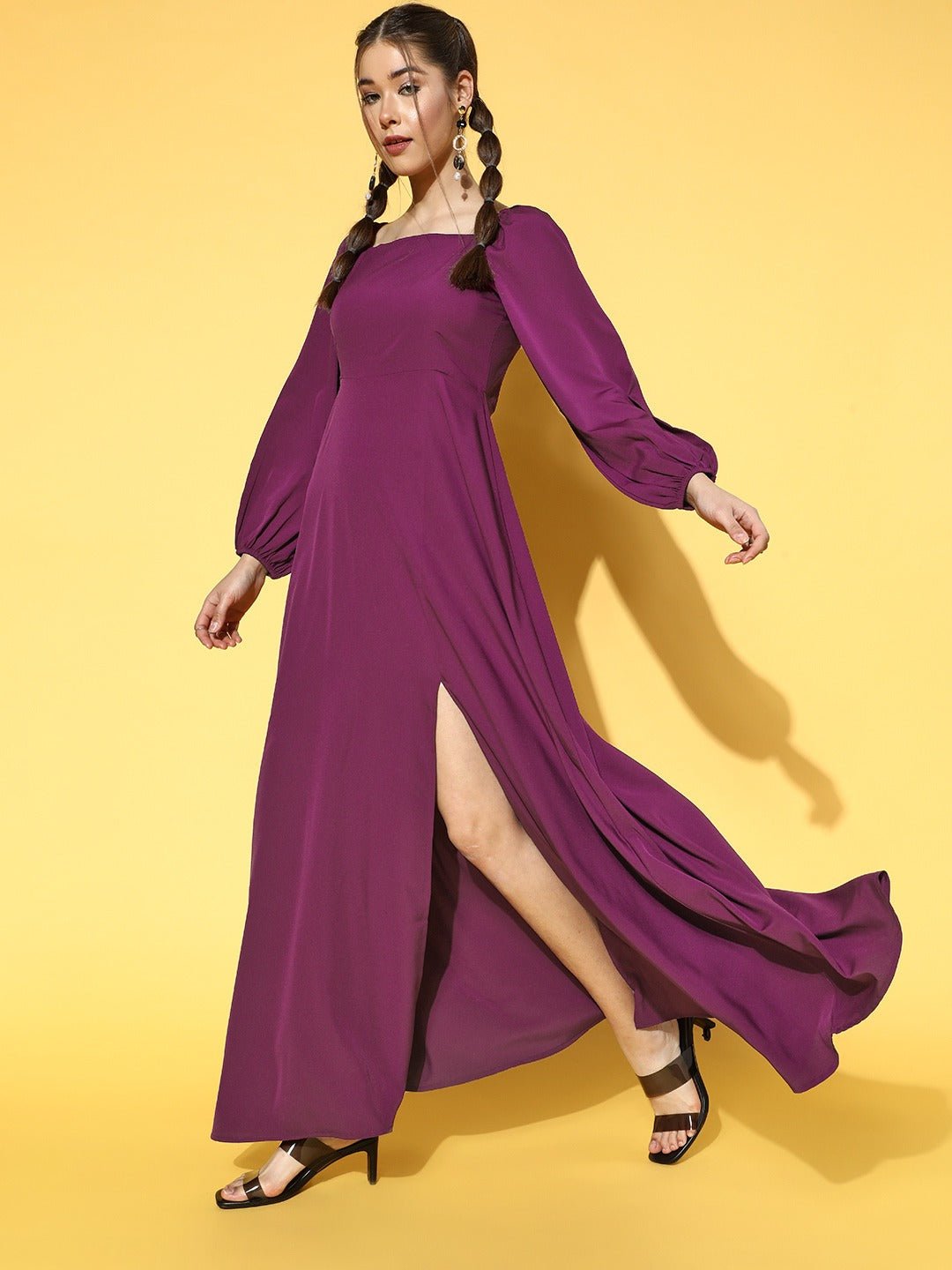 Folk Republic Women Solid Purple Square Neck Puff Sleeves Crepe Flared Maxi Dress - #folk republic#