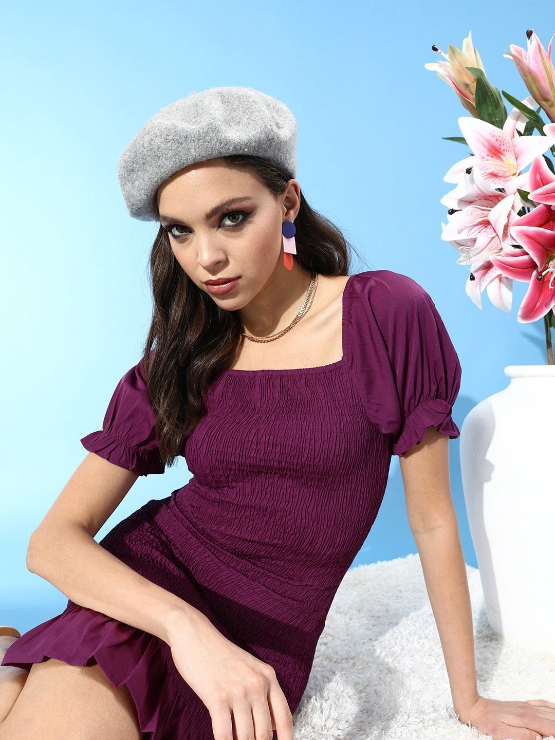 Folk Republic Women Solid Purple Square Neck Smocked Bodycon Mini Dress - #folk republic#