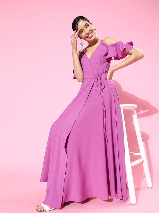Folk Republic Women Solid Purple V-Neck Cold-Shoulder Waist Tie-Up Flared Maxi Dress - #folk republic#