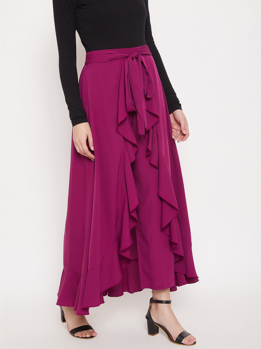 Folk Republic Women Solid Purple Waist Tie-Up Ruffled Maxi Skirt With Attached Trousers - #folk republic#