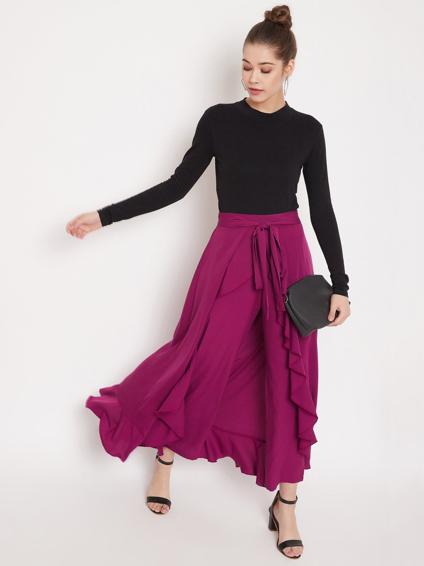 Folk Republic Women Solid Purple Waist Tie-Up Ruffled Maxi Skirt With Attached Trousers - #folk republic#
