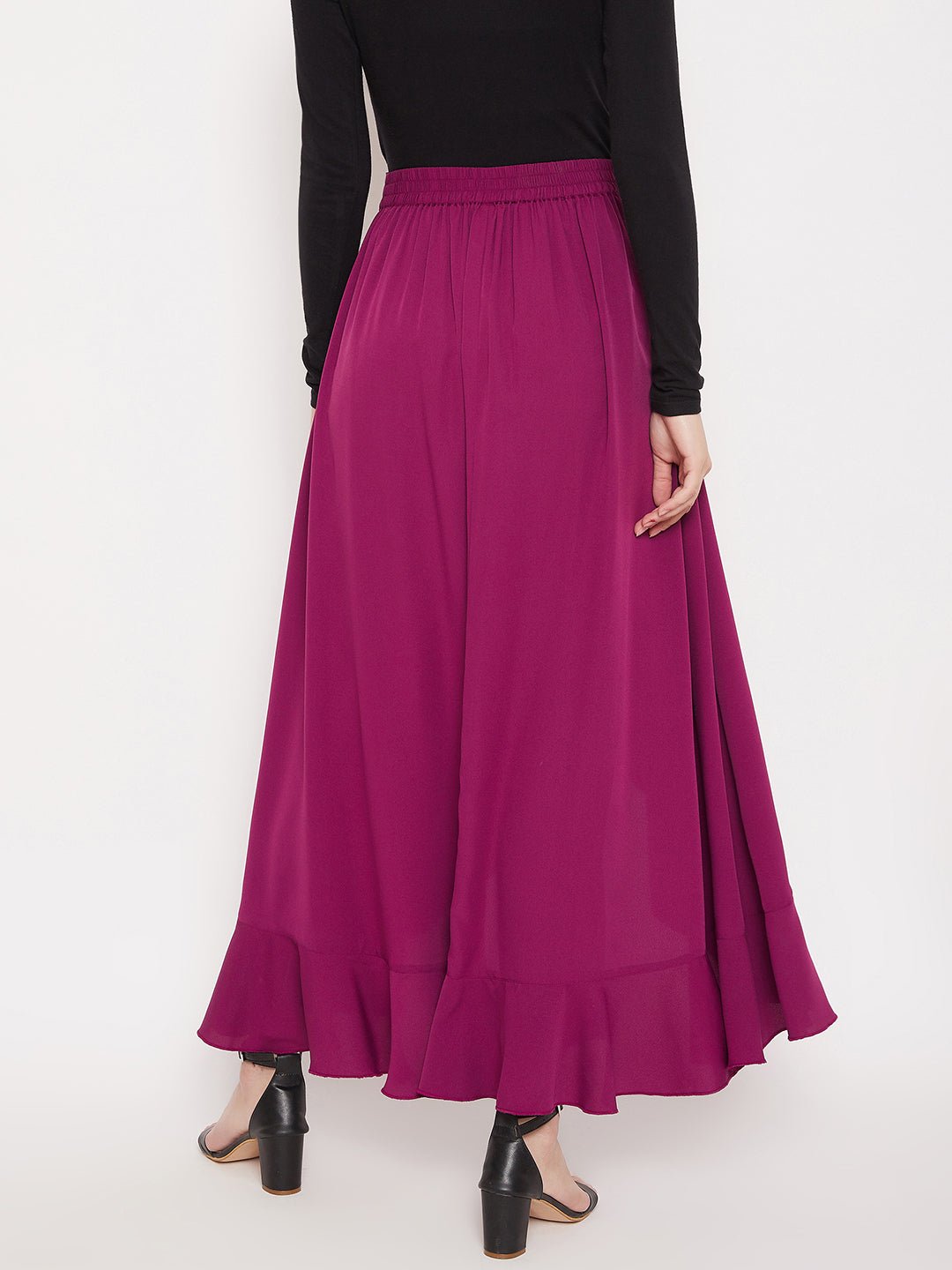 Folk Republic Women Solid Purple Waist Tie-Up Ruffled Maxi Skirt With Attached Trousers - #folk republic#