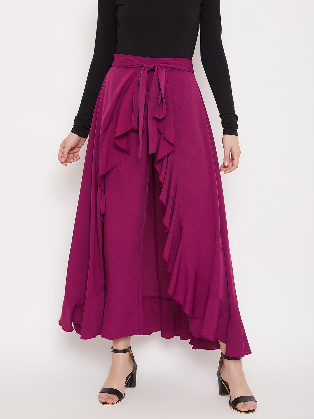 Folk Republic Women Solid Purple Waist Tie-Up Ruffled Maxi Skirt With Attached Trousers - #folk republic#