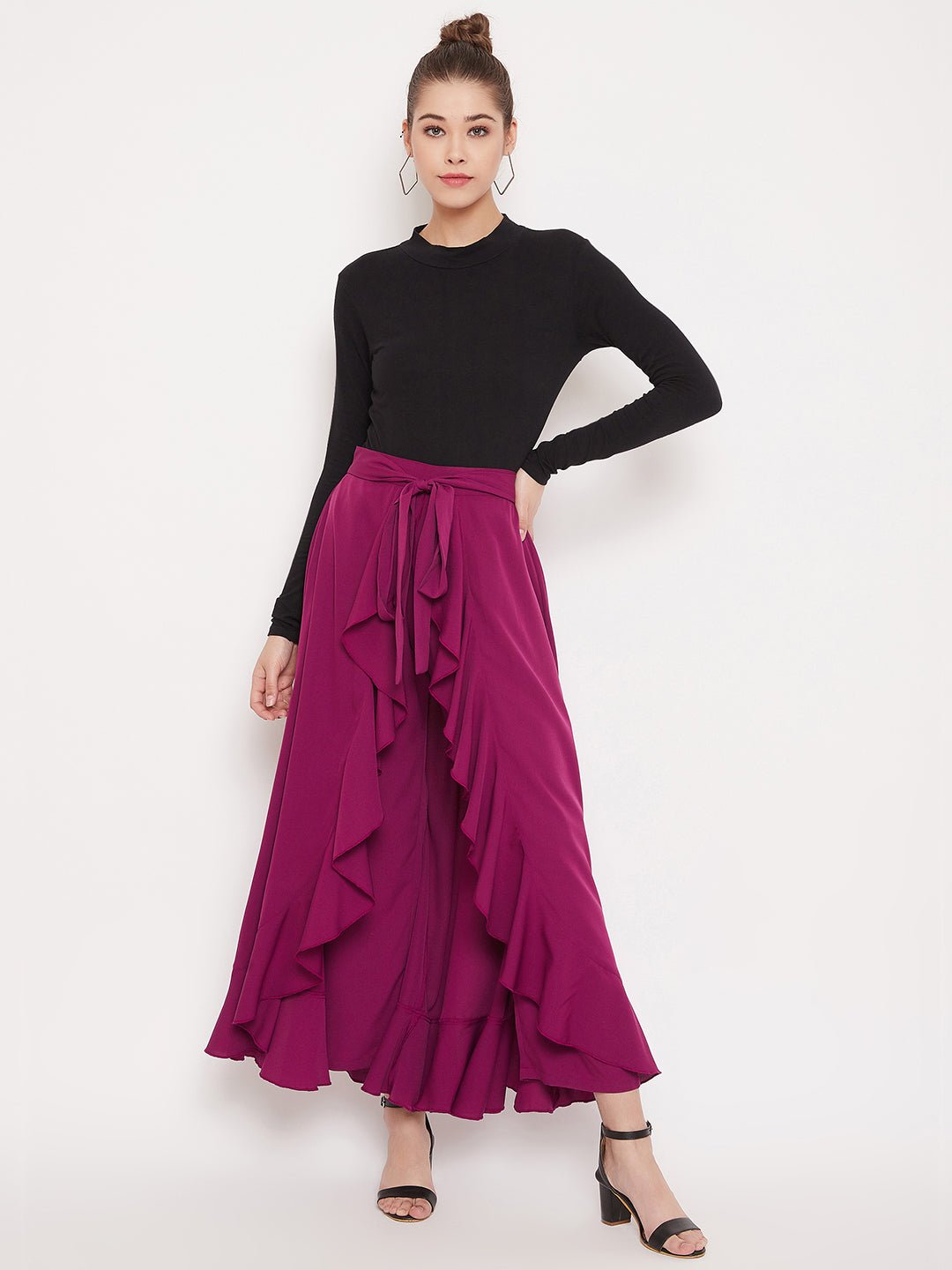 Folk Republic Women Solid Purple Waist Tie-Up Ruffled Maxi Skirt With Attached Trousers - #folk republic#