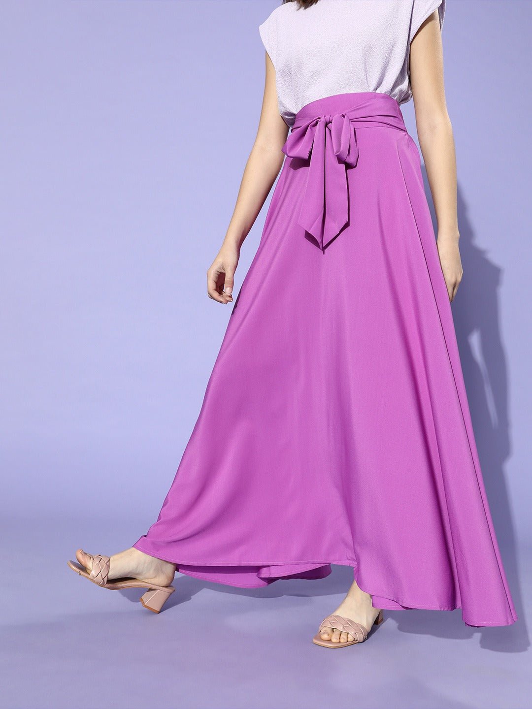 Folk Republic Women Solid Purple Waist Tie-Ups Flared Maxi Skirt - #folk republic#