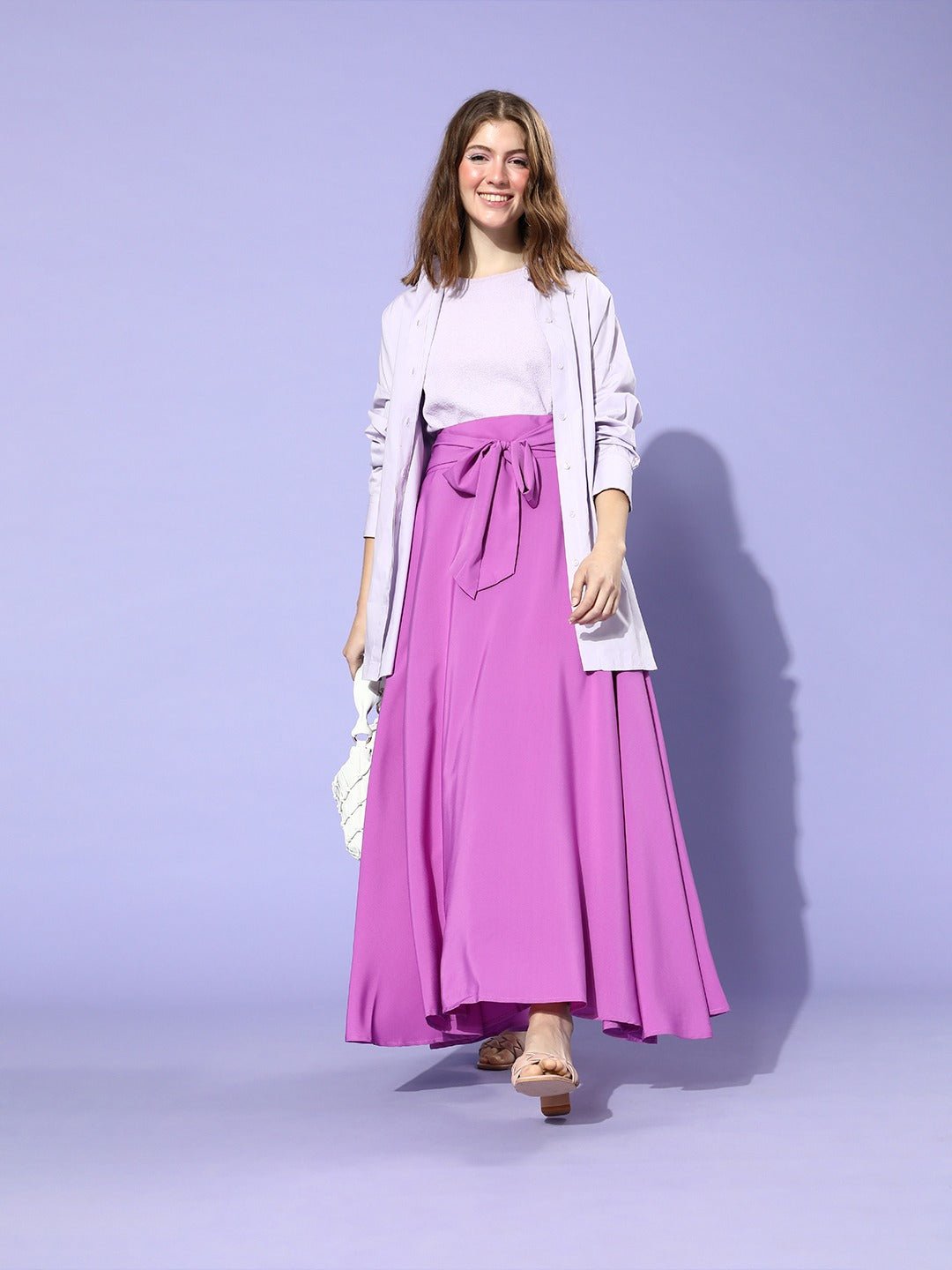 Folk Republic Women Solid Purple Waist Tie-Ups Flared Maxi Skirt - #folk republic#