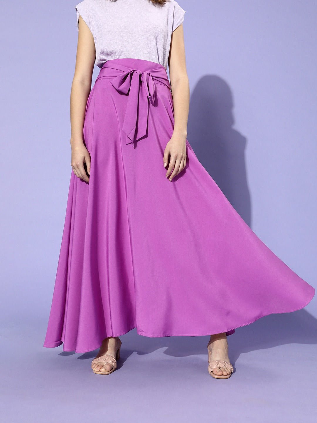 Folk Republic Women Solid Purple Waist Tie-Ups Flared Maxi Skirt - #folk republic#