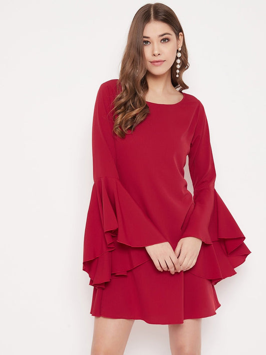 Folk Republic Women Solid Red Flared Sleeves A-Line Mini Dress - #folk republic#
