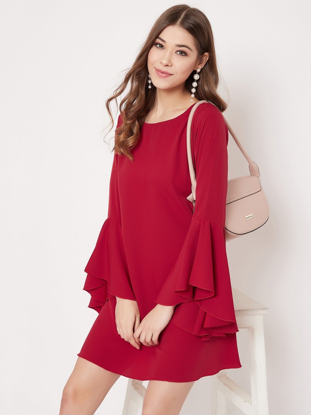 Folk Republic Women Solid Red Flared Sleeves A-Line Mini Dress - #folk republic#