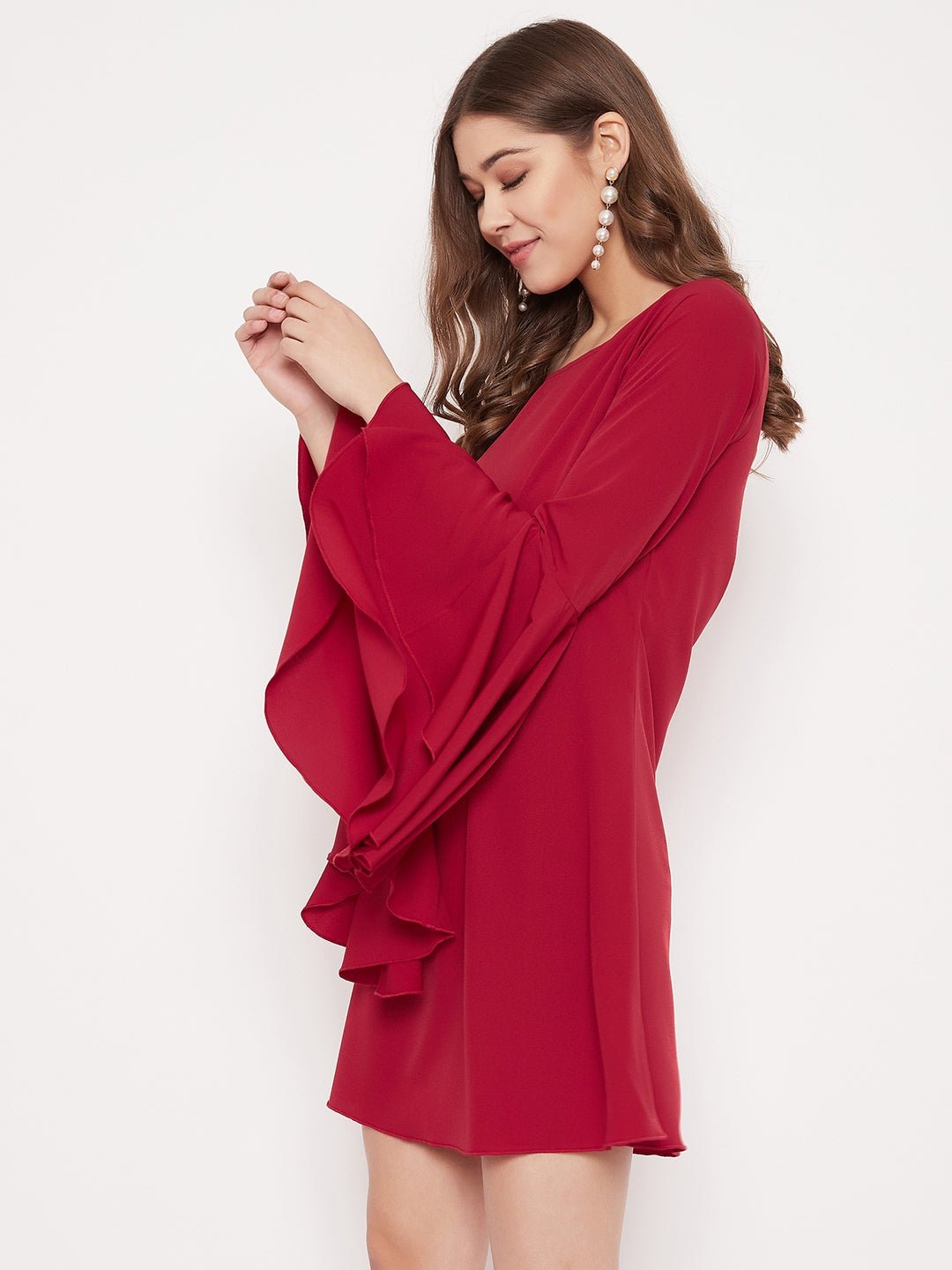 Folk Republic Women Solid Red Flared Sleeves A-Line Mini Dress - #folk republic#
