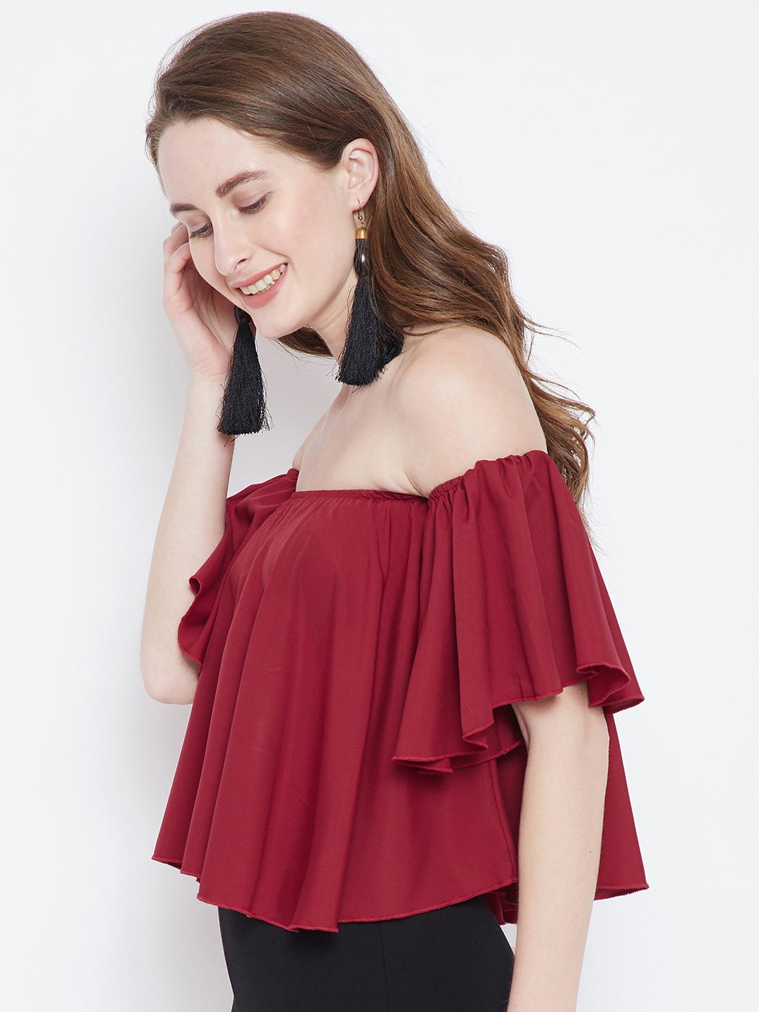 Folk Republic Women Solid Red Off-Shoulder Neck Ruffled Crop Bardot Top - #folk republic#