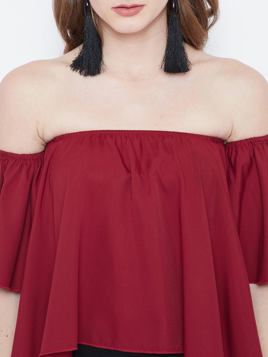 Folk Republic Women Solid Red Off-Shoulder Neck Ruffled Crop Bardot Top - #folk republic#