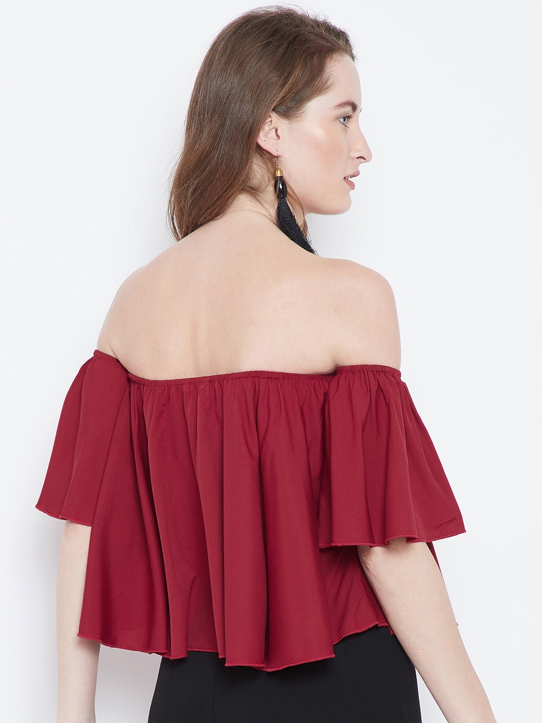 Folk Republic Women Solid Red Off-Shoulder Neck Ruffled Crop Bardot Top - #folk republic#