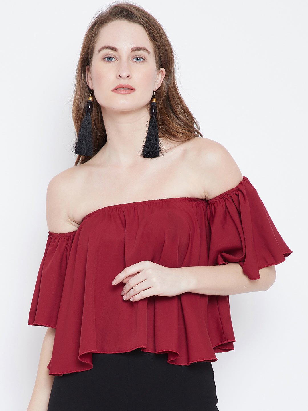 Folk Republic Women Solid Red Off-Shoulder Neck Ruffled Crop Bardot Top - #folk republic#