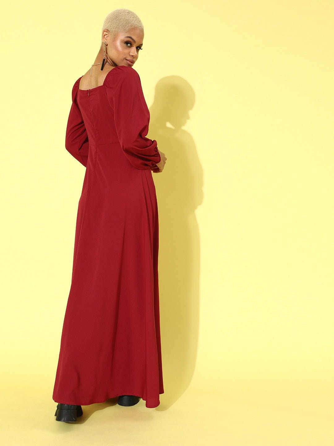 Folk Republic Women Solid Red Puffed Sleeve Maxi Dress - #folk republic#