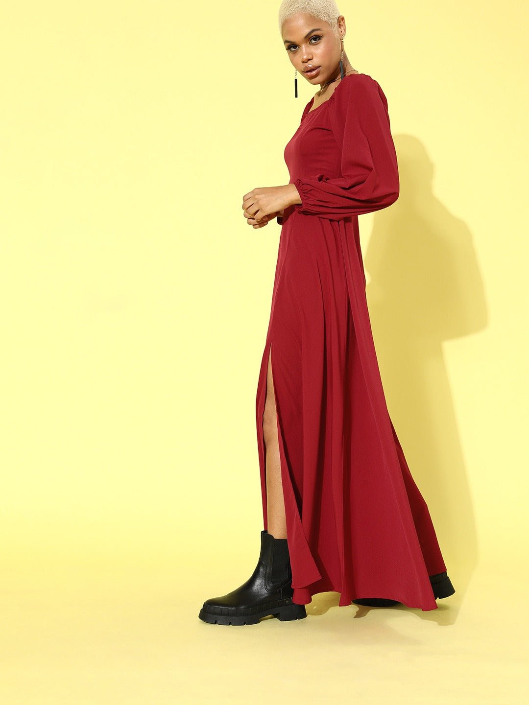 Folk Republic Women Solid Red Puffed Sleeve Maxi Dress - #folk republic#