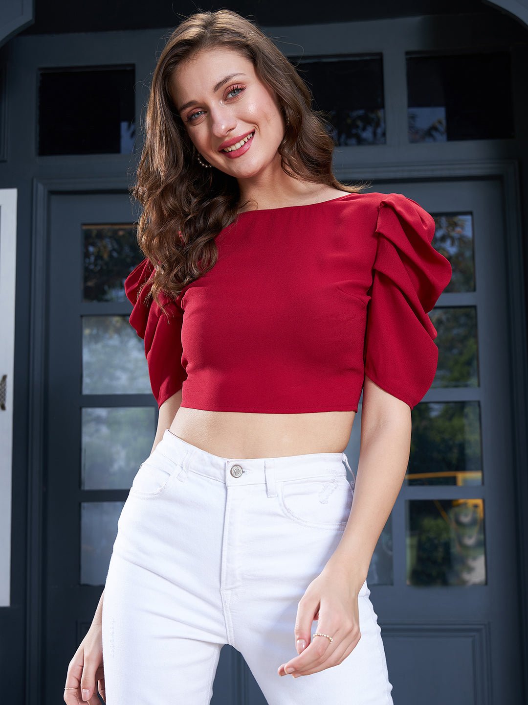 Folk Republic Women Solid Red Round Neck Puff Sleeves Styled Tie-Up Back Crepe Cropped Top - #folk republic#