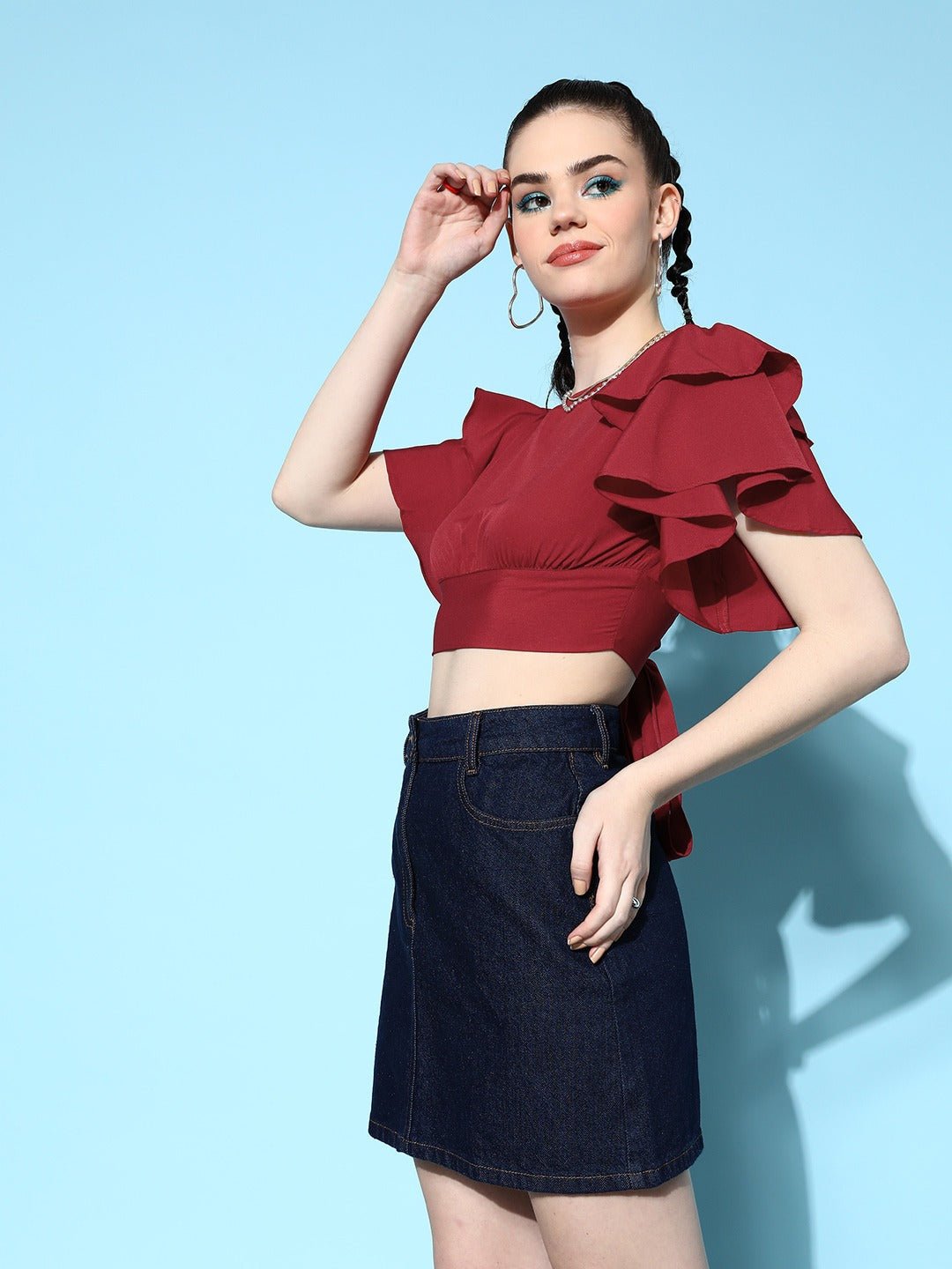 Folk Republic Women Solid Red Round Neck Waist Tie-Up Crepe Blouson Crop Top - #folk republic#