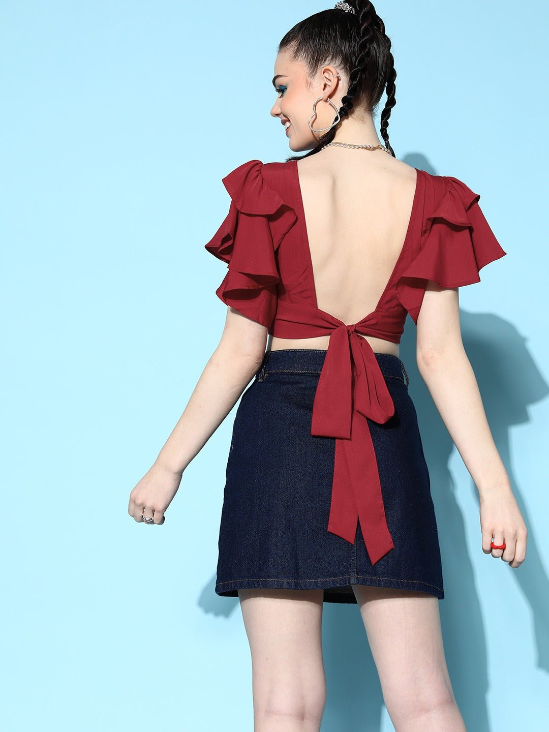 Folk Republic Women Solid Red Round Neck Waist Tie-Up Crepe Blouson Crop Top - #folk republic#
