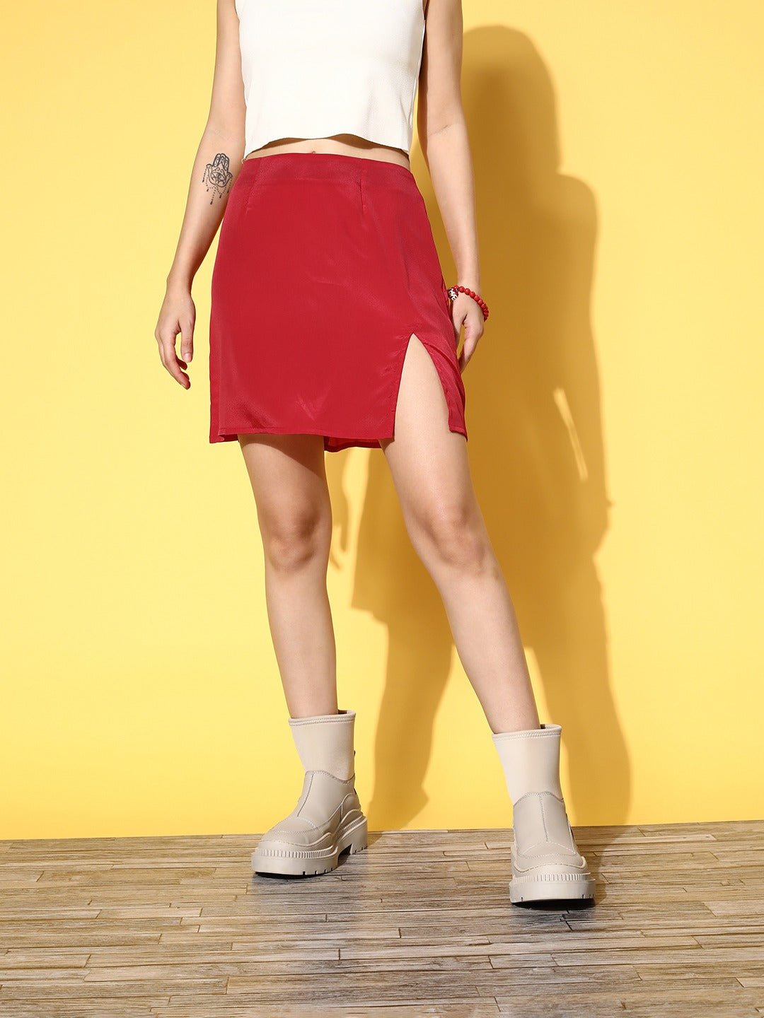 Folk Republic Women Solid Red Satin Finish Front Slit Straight Hem A-Line Mini Skirt - #folk republic#